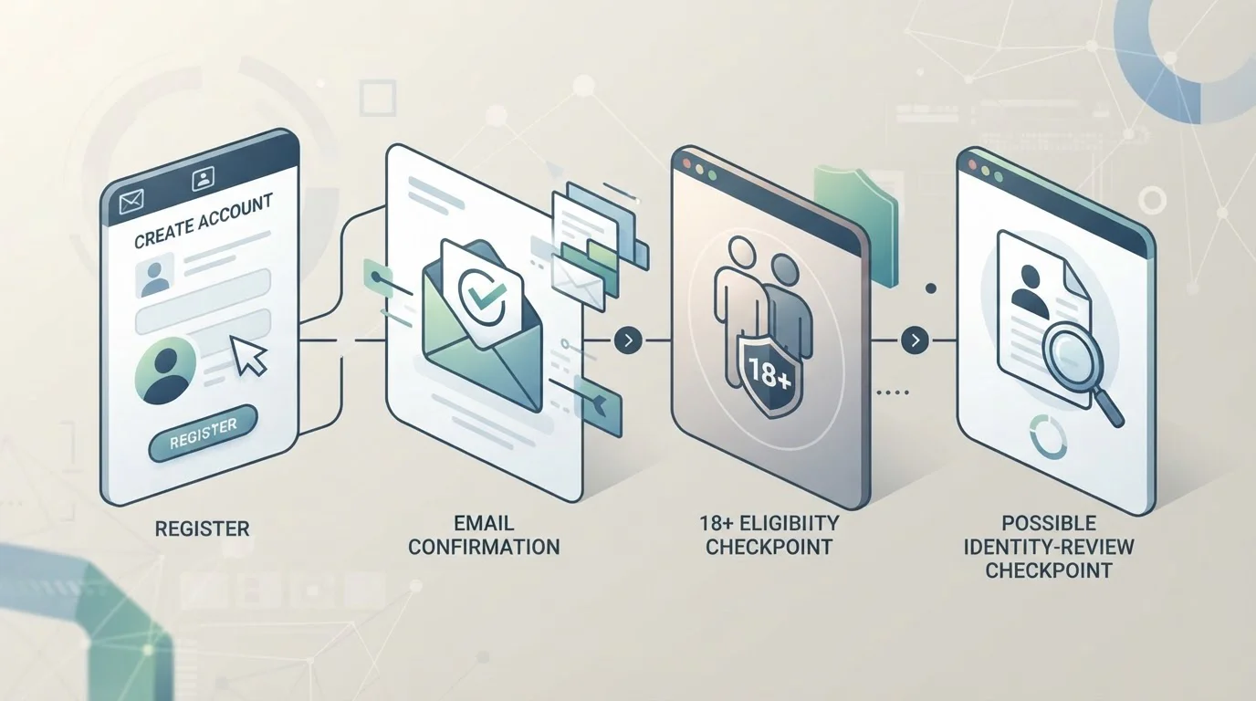 Neutral illustration of account creation, age confirmation, email verification and a possible identity review checkpoint