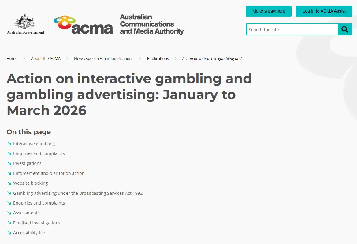 ACMA January to March 2026 enforcement report showing 7bitcasino28.com in the blocked website list