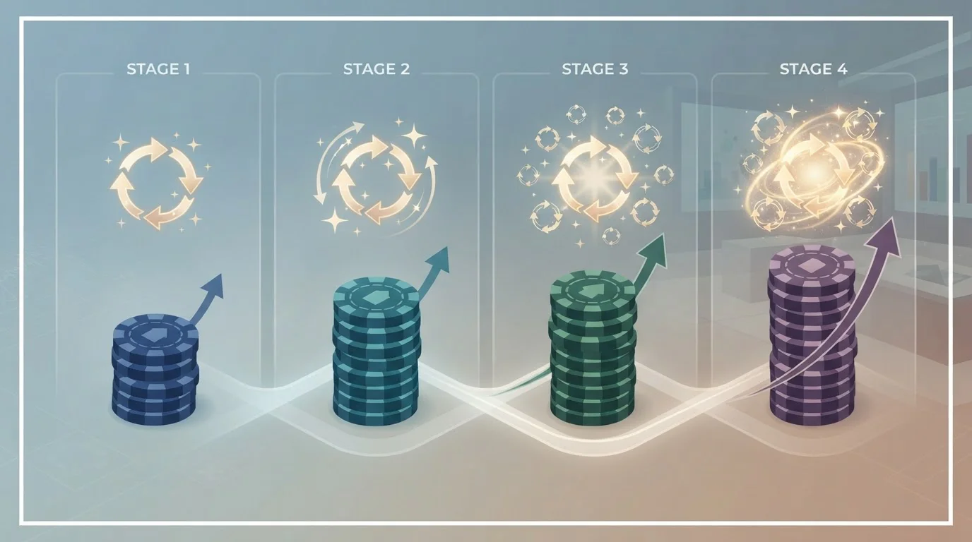 Illustration of four welcome deposit stages and free-spin tokens without brand logos or promotional text