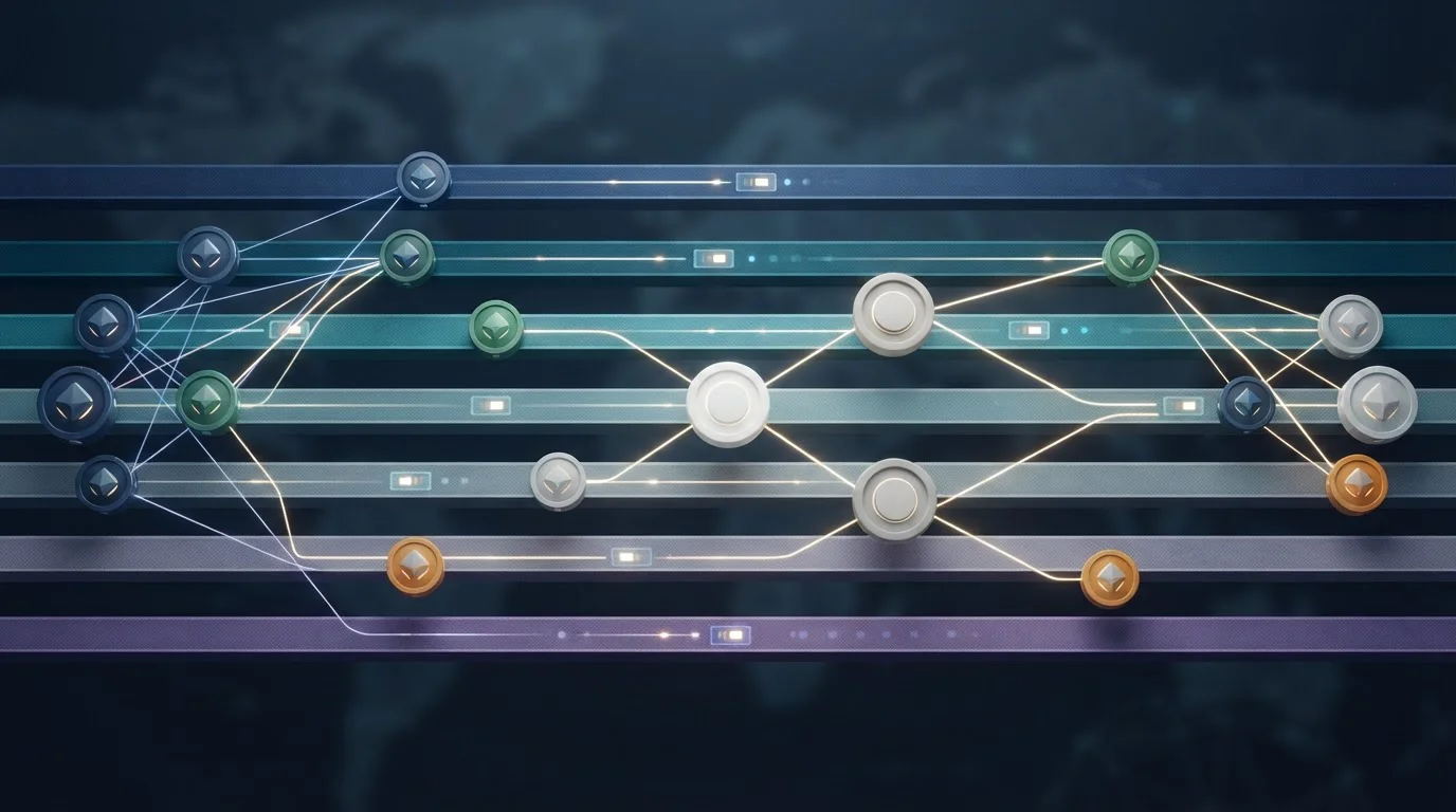 Diagram of several crypto assets branching across multiple blockchain payment rails