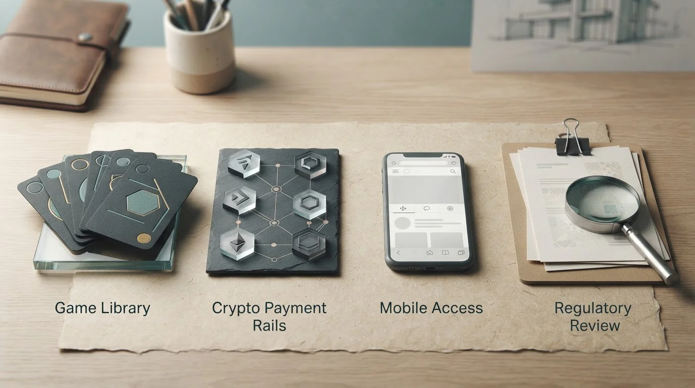 Conceptual comparison of games, crypto payments, mobile access and Australian compliance