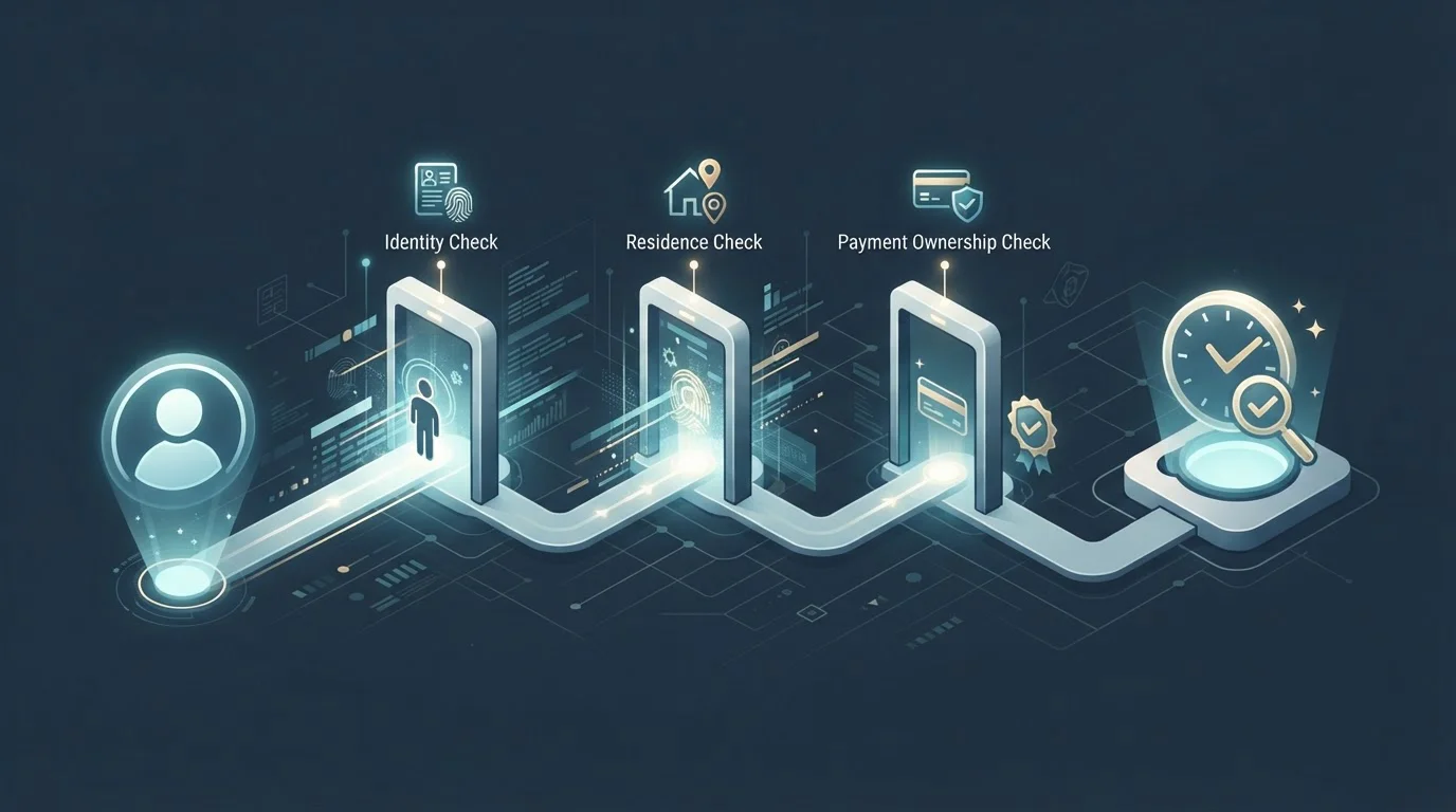 Illustration of an account profile passing through a secure identity verification checkpoint