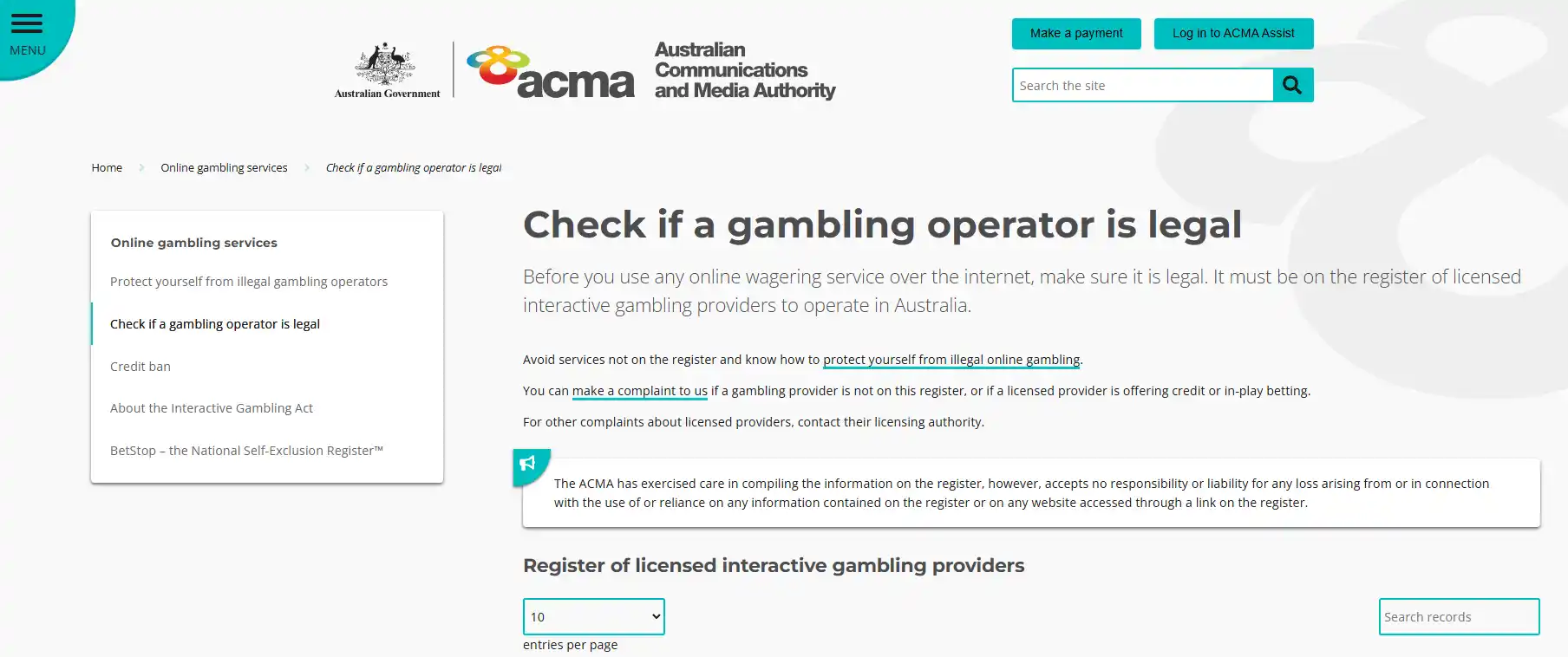 ACMA register of licensed interactive gambling providers used to check Australian wagering authorisation