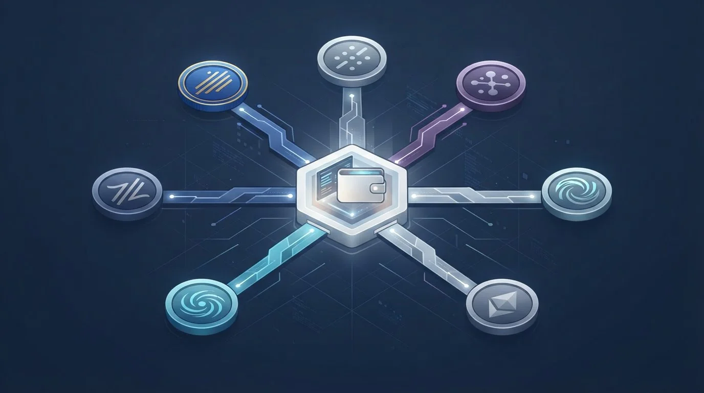 Diagram of generic crypto assets connecting through several blockchain networks to one cashier