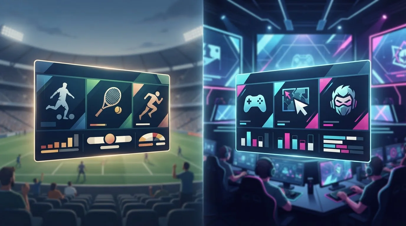 Illustration combining generic sports and esports event boards without real teams, logos or betting recommendations