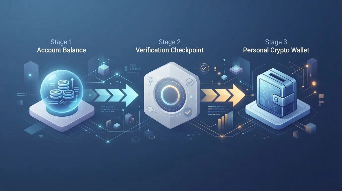 Illustration of a three-stage withdrawal flow from casino balance through review to a personal crypto wallet